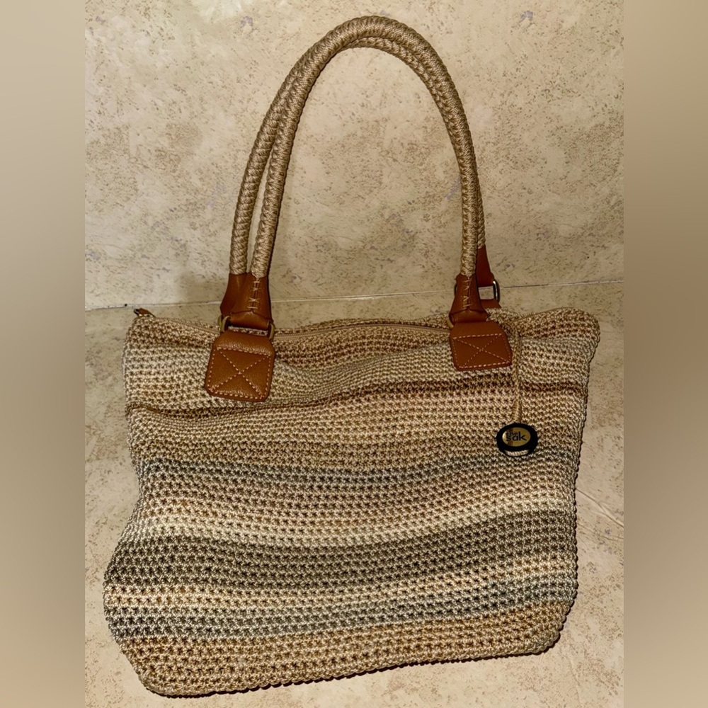The Sak Cambria Crochet Woven Shoulder Bag Tote Sand Stripe - Picture 11 of 13